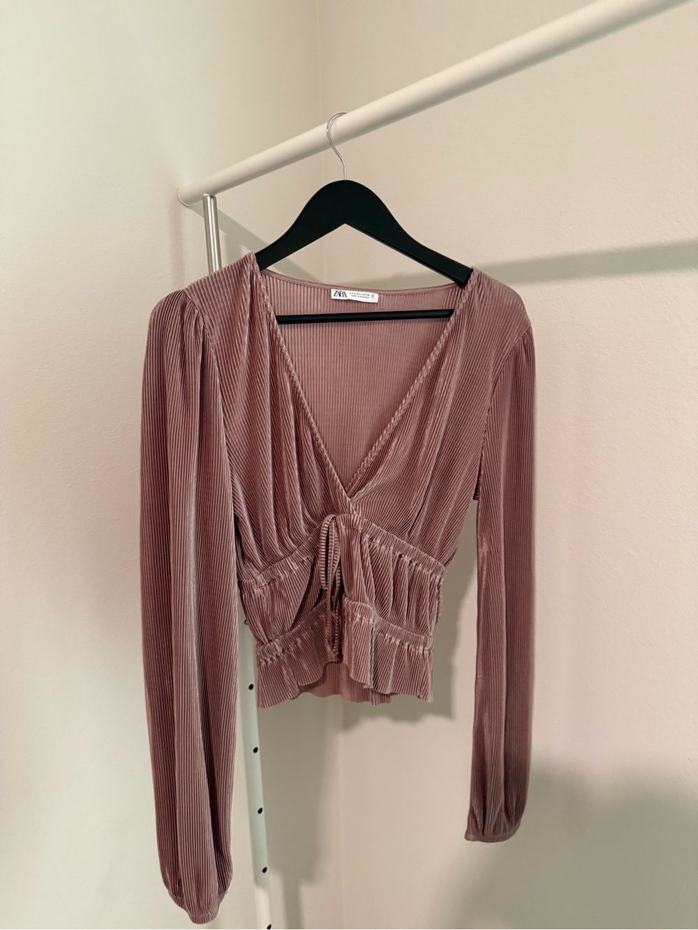 ZARA Dusty Mauve Ribbed Wrap Blouse with Tie Front